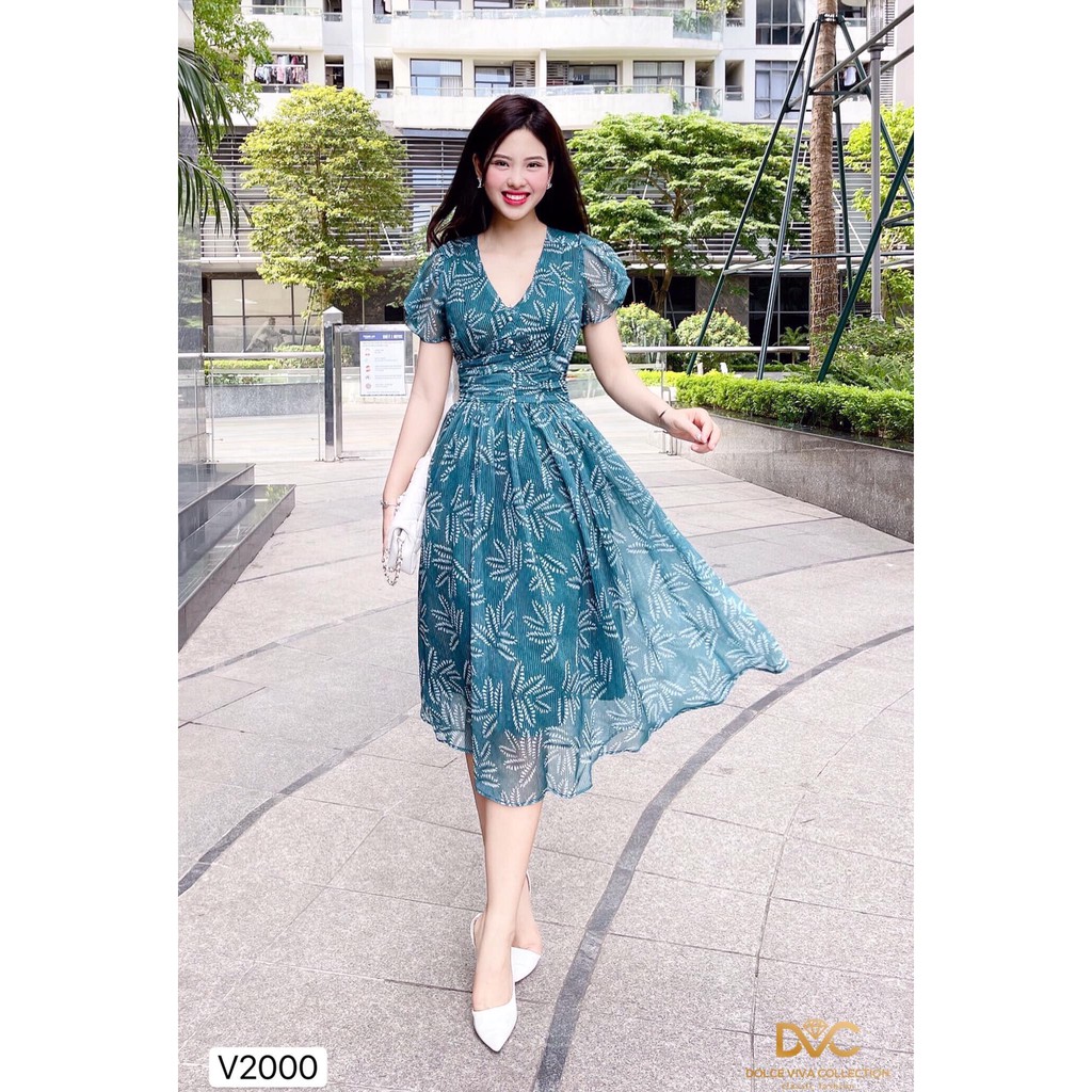 Váy Voan Xanh Xòe Họa Tiết, Cổ V, Khuy Ngực, Cộc Tay - Váy Công Sở, Dự Tiệc - CM - 2000
