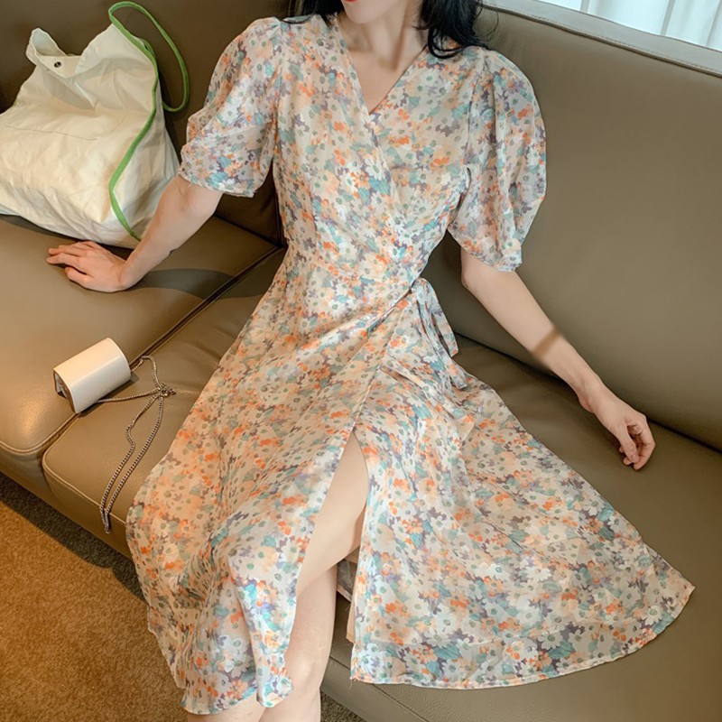 Đầm dài họa tiết hoa cổ V cho nữ