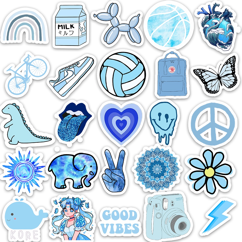 Set 50 cái Sticker xanh dương dán mũ bảo hiểm, hình dán blue pastel chống nước, decal xanh biển cute