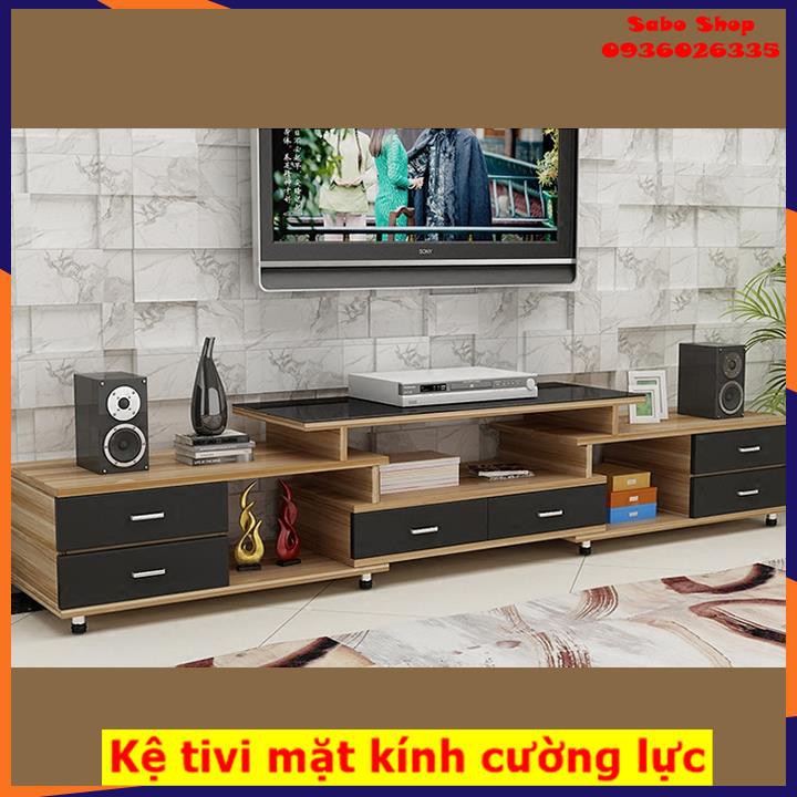 Kệ Tivi bằng gỗ lắp ghép 2 tầng 9 ngăn thiết kế hiện đại, tiện lợi, có thể thu gọn, mặt kính cường lực