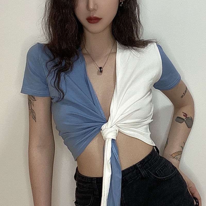 Áo croptop tay ngắn cổ chữ V phong cách thời trang mùa hè cho nữ