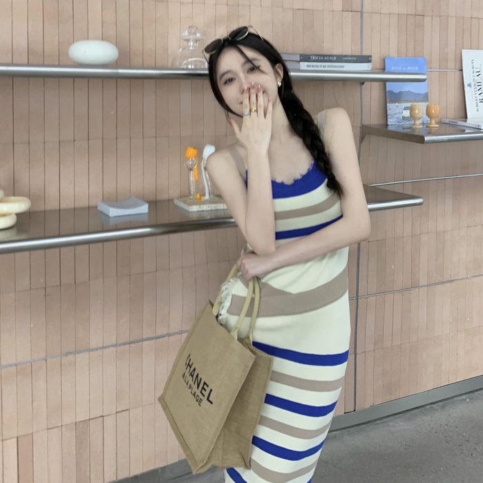 Đầm Hai Dây Dáng Ôm Co Giãn In Họa Tiết Kẻ Sọc Phối Tua Rua Thời Trang Mùa Hè Phong Cách Hàn Quốc Cho Nữ