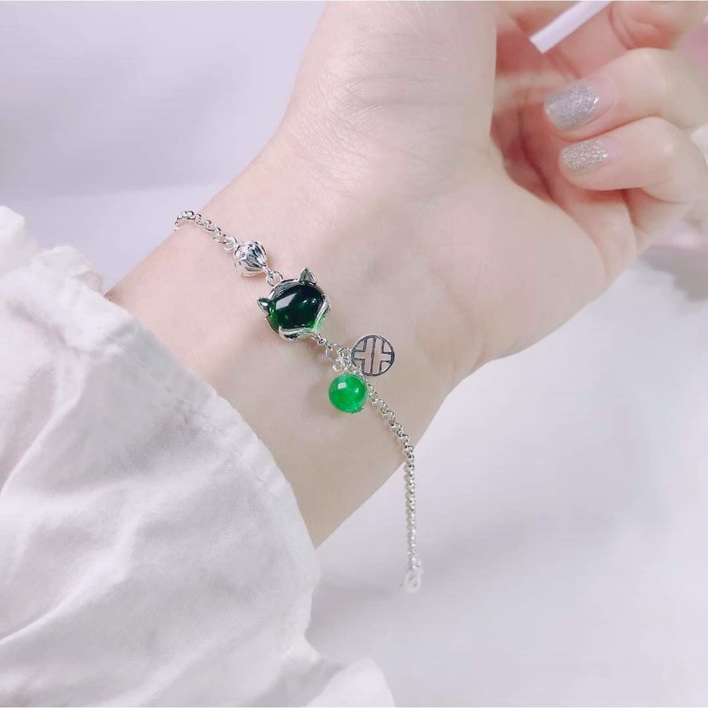Vòng tay bạc nữ mặt Hồ Ly đính đá màu cá tính, Lắc tay nữ chất liệu bạc Ý cao cấp