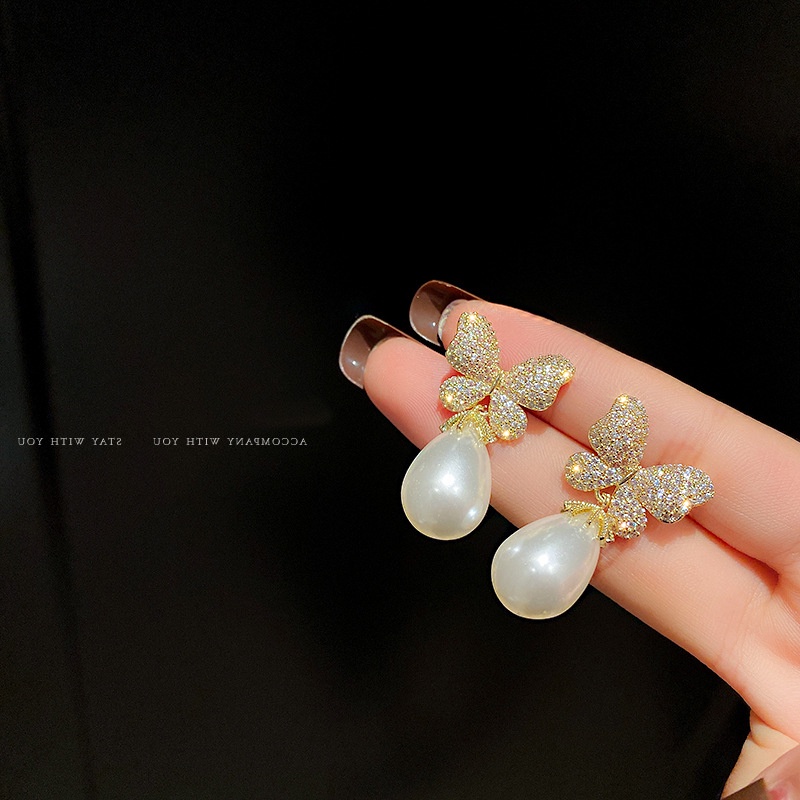 Bông Tai Hình Bướm Đính Ngọc Trai Đơn Giản Thời Trang Cho Nữ