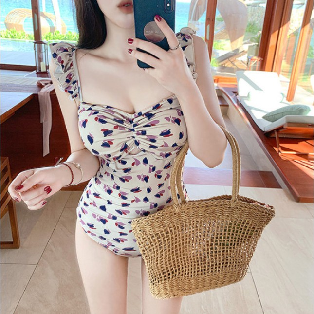 Bikini một mảnh bèo nhún ngực tay con xinh xắn họa tiết hoa nhí Hàn Quốc mẫu mới