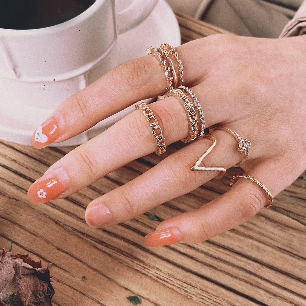 Set 6 nhẫn làm bằng kim loại đính đá nhân tạo phong cách thời trang retro