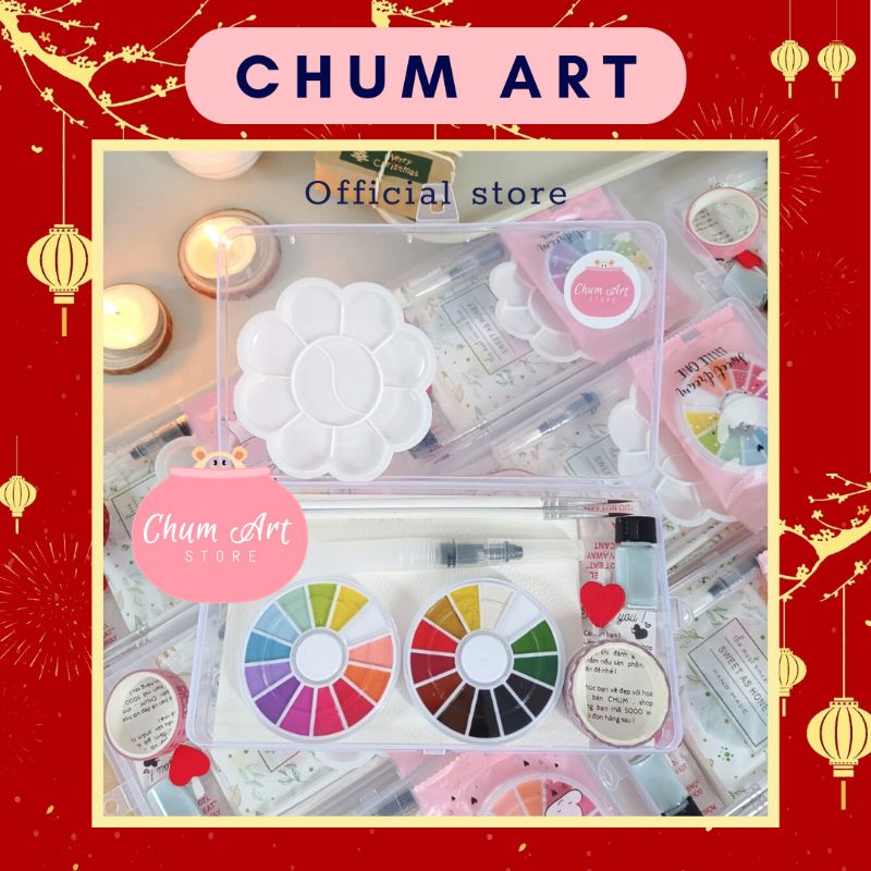 Chum art Combo hộp đầy đủ hoạ phẩm vẽ màu nước cho người mới tập, bộ màu nước