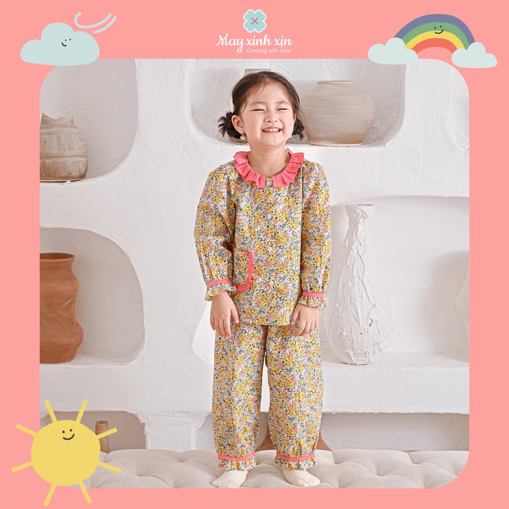 Bộ mặc nhà dài tay bé gái thô cotton hoa vàng phối cổ hồng MAY XINH XỊN