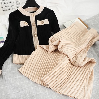 Set len dệt kim, đầm len dệt kim áo cardigan cài cúc + chân váy len dáng xòe Đ854
