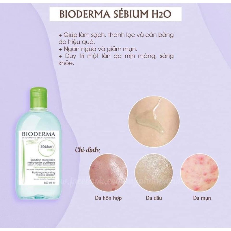 Dung dịch làm sạch và tẩy trang dành cho da hỗ hợp đến da dầu công nghệ Bioderma Micellar Sebium H2O 500ml