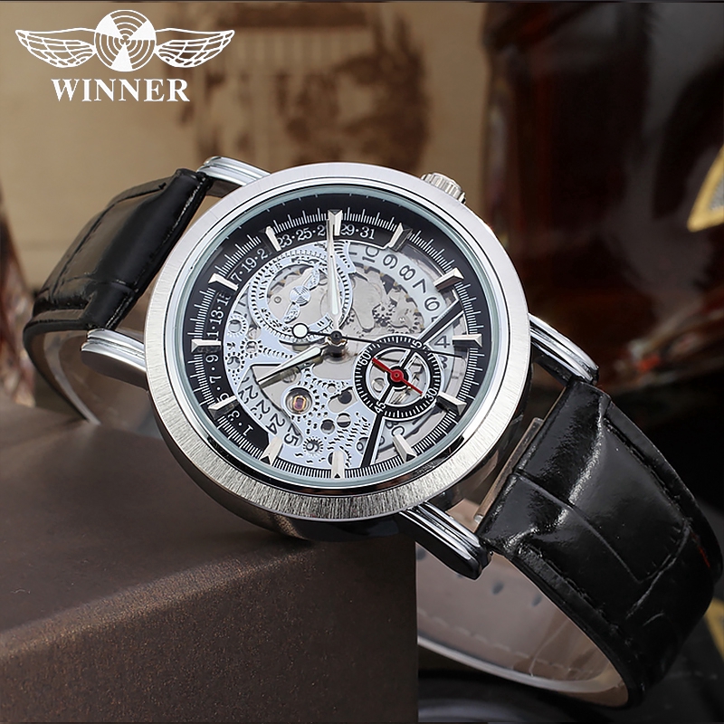 WINNER Top Brand Men Auto Mechanical Watch Date Sub-dial Skeleton Hollow Out Self-winding Genuine Leather Strap Watches