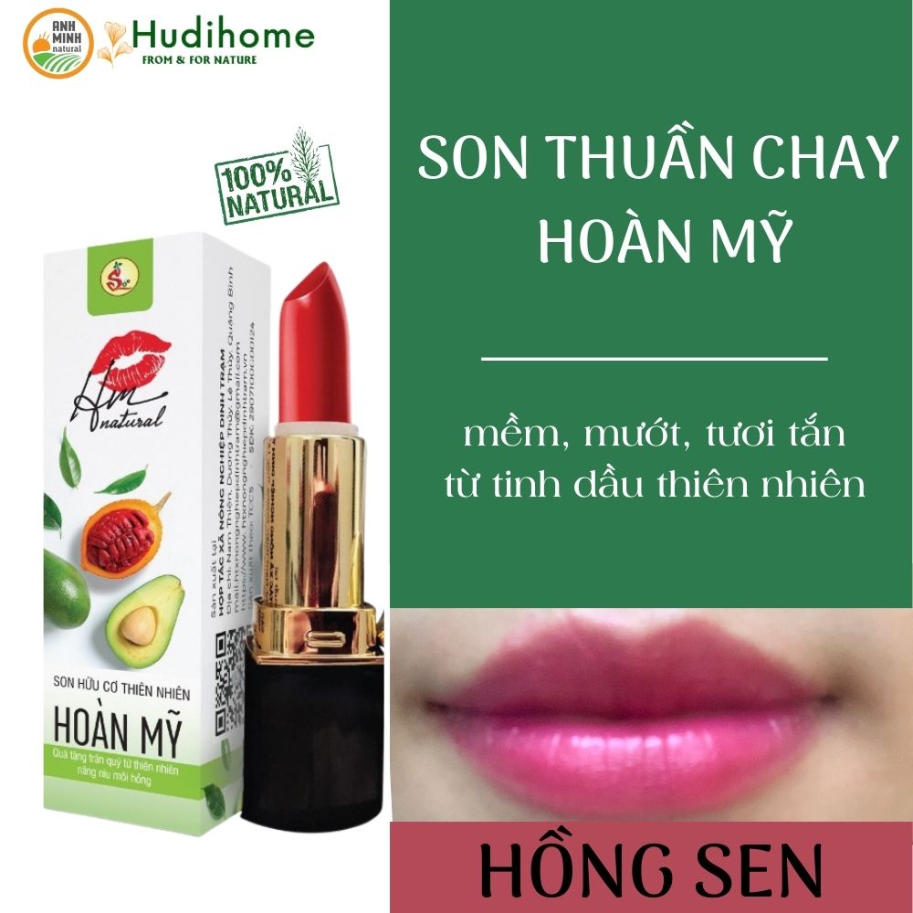 Son hữu cơ thiên nhiên HOÀN MỸ son hồng sen dưỡng ẩm, bền màu, chống lão hóa làm căng bóng môi