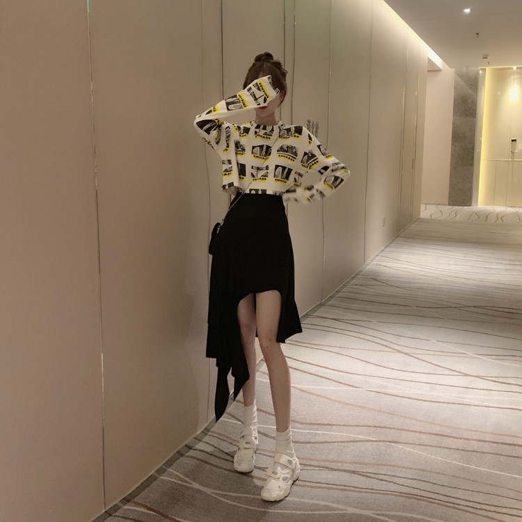 Set áo croptop nữ tay dài cổ tròn + váy đen đuôi cá không đều ulzzang ( 2 màu ) có bán riêng