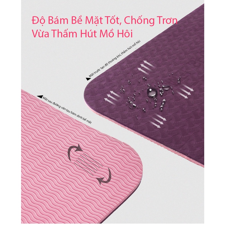 Thảm Tập Yoga TPE 2 Lớp 6mm, không mùi, hoa tiết nổi, chống trơn trượt 183x61x0.6cm