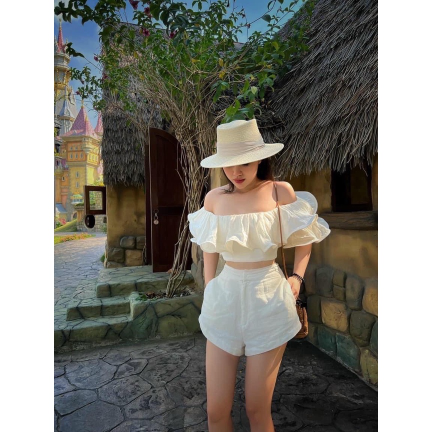 Set áo trễ vai cánh tiên dáng croptop quần short ngắn đi biển BN364