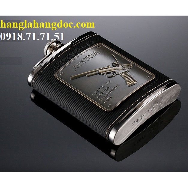 Bình rượu inox Hip Flask chính hãng Honest 8oz, bao da logo cây súng (240ml)