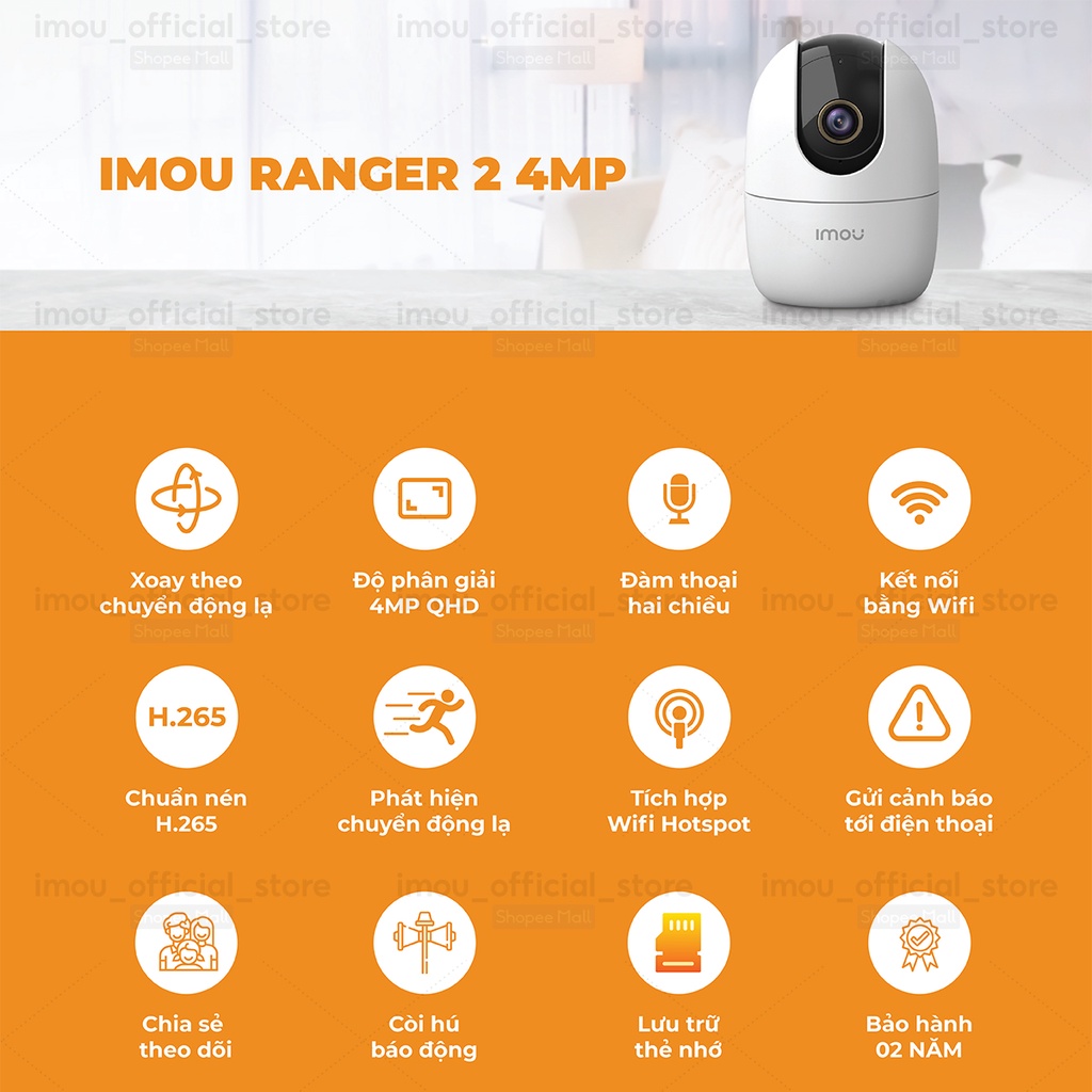 Camera Wifi Không Dây Ranger 2 4.0M 2K HD 1440p IPC-A42P IMOU - Xoay 360, Đàm Thoại 2 Chiều - BH 2 Năm | BigBuy360 - bigbuy360.vn