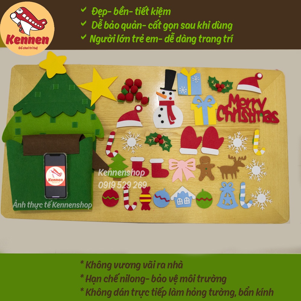 Cây thông noel vải dạ 33 chi tiết kèm đèn treo tường trang trí giáng sinh