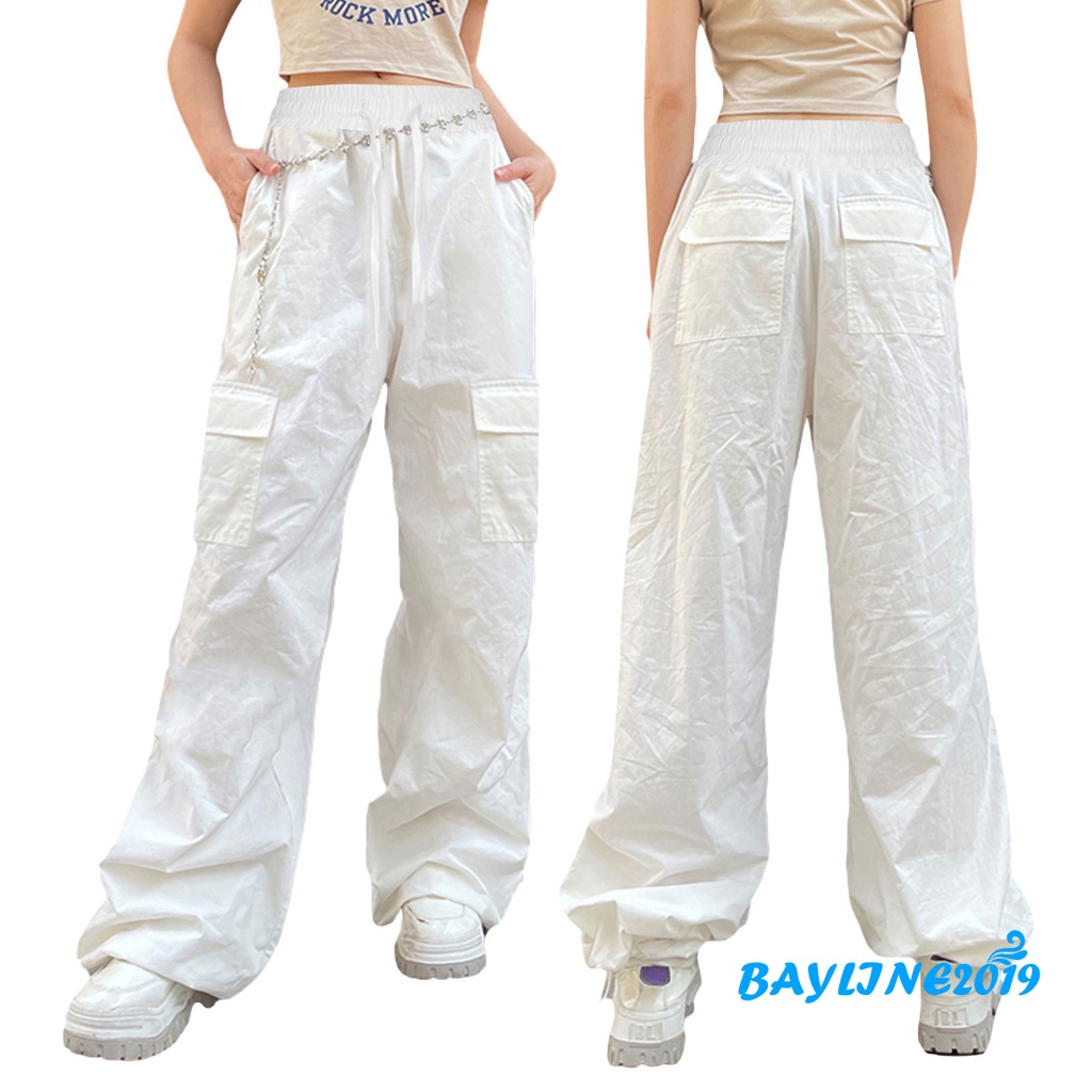 Quần Baggy Dài Ống Rộng Lưng Thun Rút Dây Màu Trơn Thời Trang Cho Nữ
