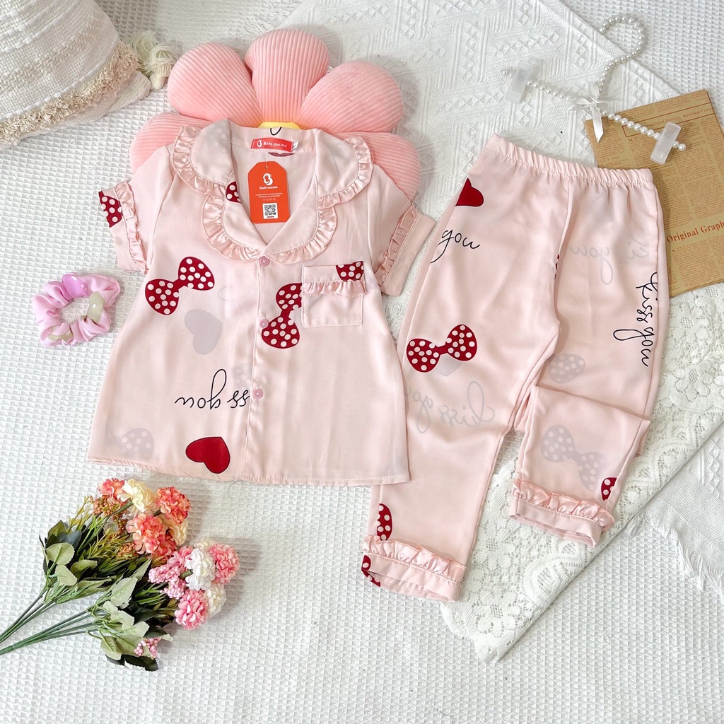 Bộ Ngủ Lụa Cho Bé Gái, Bộ Pijama Cộc Dài Mango Tay Bồng Cổ Bèo Đáng Yêu 13-42kg - BPN59