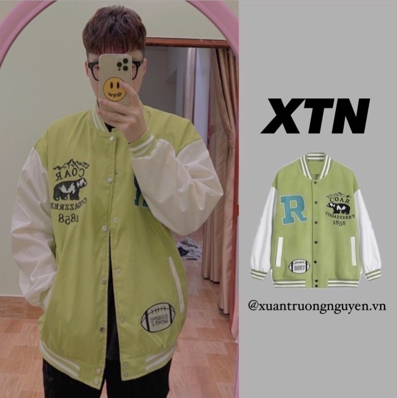 Áo khoác bomber varsity jacket nam nữ xanh lá tay da in hình bò sữa hàng QC