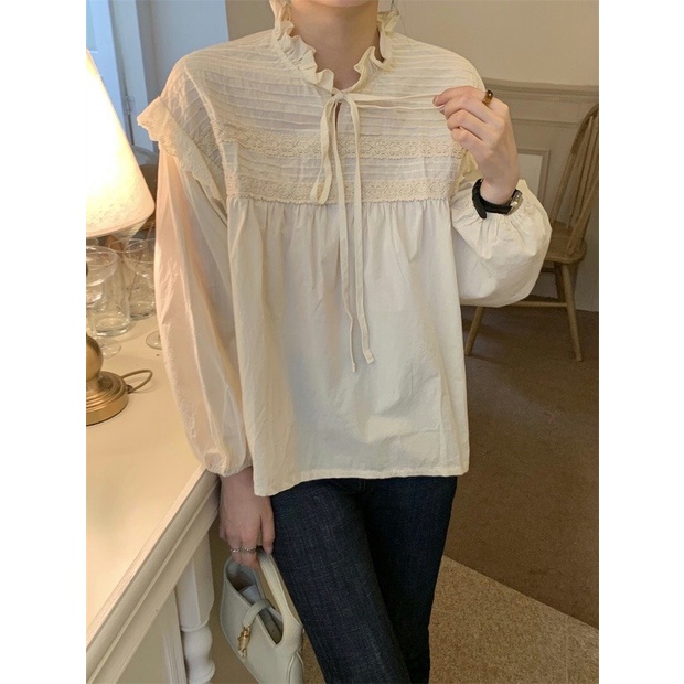 Áo babydoll ren ngực bèo cổ thắt nơ siêu xinh - Áo sơ mi cánh tiên viền bèo cách điệu ulzzang