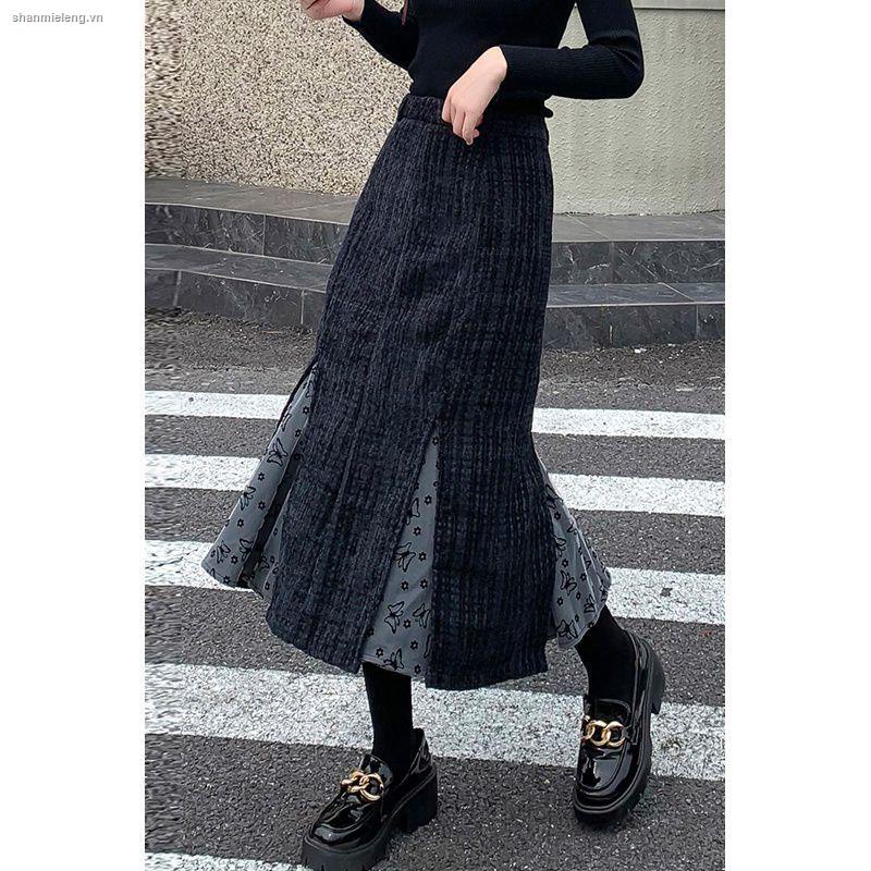 Chân váy dài vừa dáng chữ A lưng cao ghép vải họa tiết đuôi cá thời trang thu đông dành cho nữ