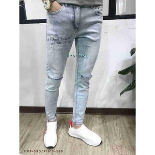 Quần Jean Nam Xanh Rách Gối In Chữ USD$$