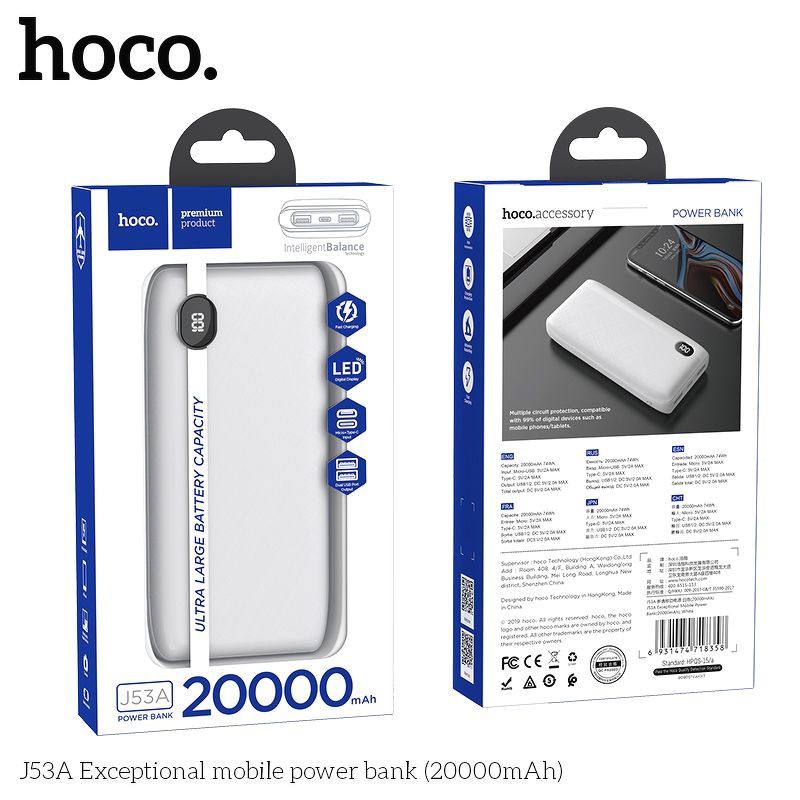 Sạc dự phòng Hoco J53A chính hãng dung lượng 20.000 mAh bảo hành 1 năm