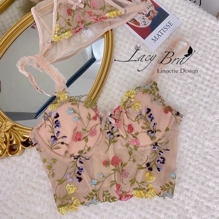 Áo Corset voan hoa văn bông hoa dáng lửng có gọng đệm nâng ngực Lylylorem CR003