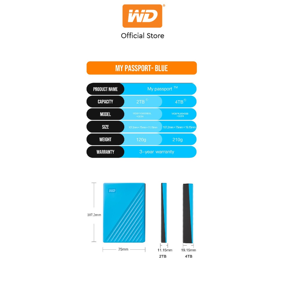 Ổ cứng WD My Passport 2.5" USB 3.2 1TB Portable Đen