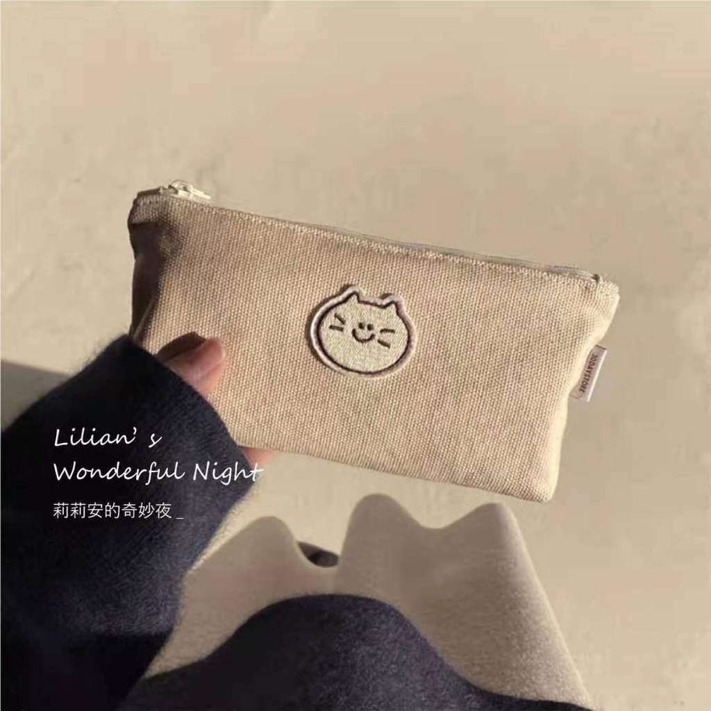 Túi đựng bút bằng vải canvas sức chứa lớn họa tiết chó mèo phong cách Nhật Hàn đơn giản