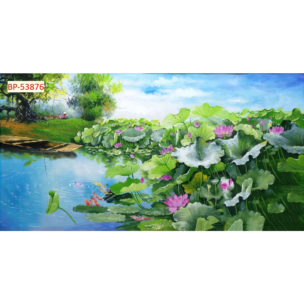 Tranh Dán tường 3D Phong Cảnh Làng Quê miền sông nước, ao sen, thuyền đò, cây đa đầu làng, rặng dừa