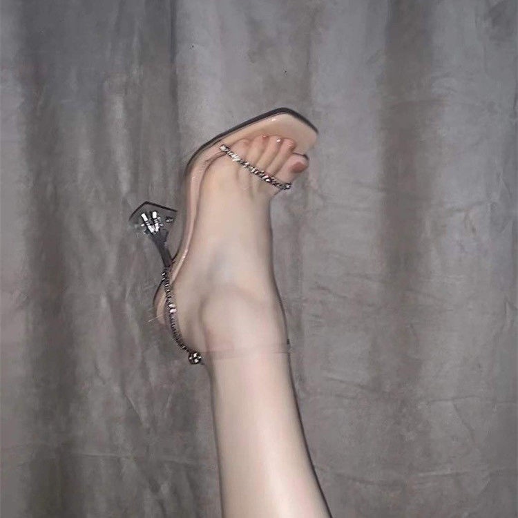 2022 fashion transparent glass heel high heel shoes women's open toe rhinestone strap daily sandals women's DCO7