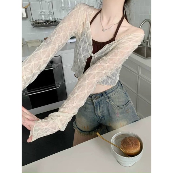 Set áo yếm len nâu tây kèm áo khoác cadigan giấy ô trám mỏng