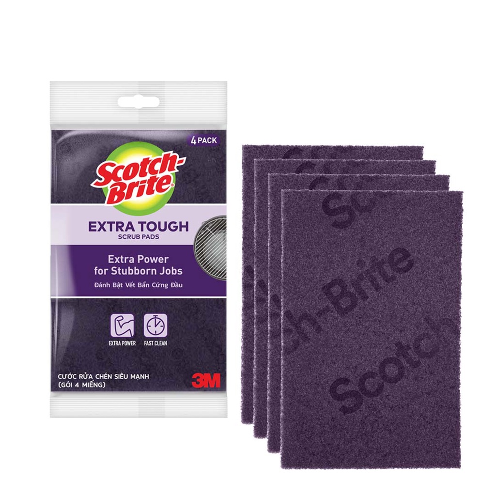 [Gói 4 miếng] Cước Rửa Chén Siêu Mạnh Scotch Brite - Cọ rửa mọi vết bẩn cứng đầu, an toàn cho vỉ nướng, nồi inox, gang