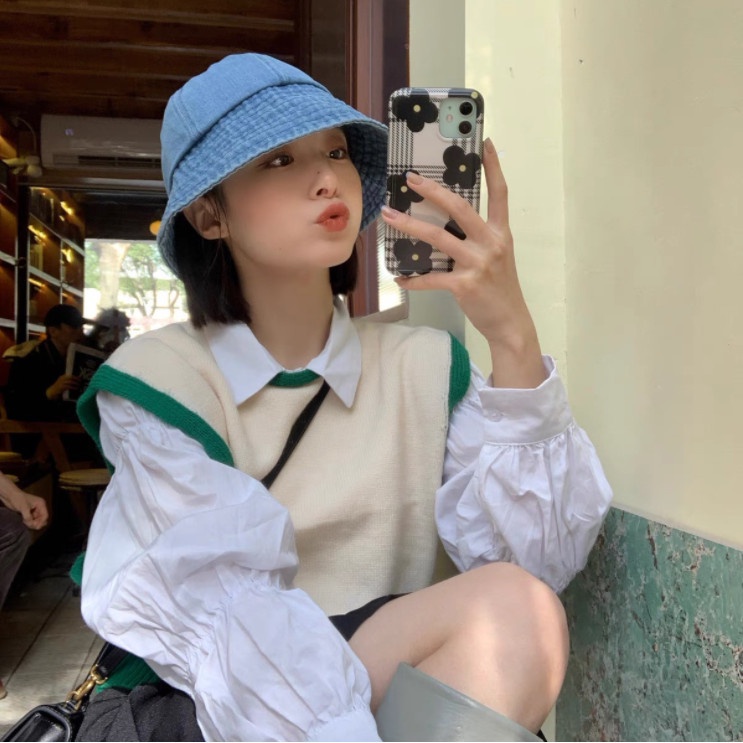 Nón bucket vành nhỏ vải denim màu xanh thoáng mát kiểu dáng retro cho nữ chụp ảnh sống ảo cực đẹp độc