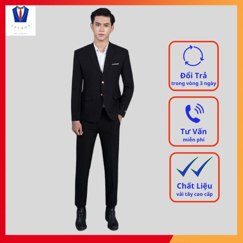 Bộ vest nam màu đen hàng cao cấp 1 khuy full size [Áo vest + Quần]