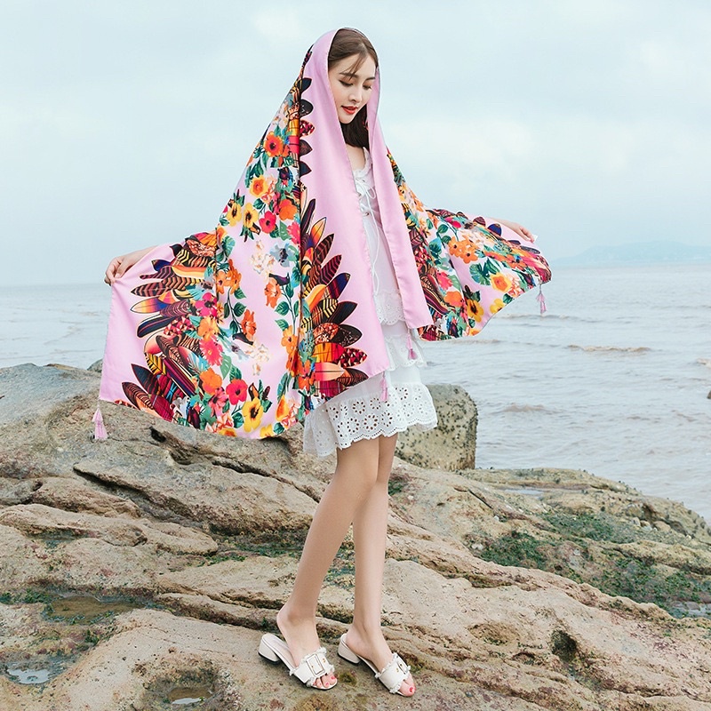 Khăn choàng cổ du lịch in hoa văn lông vũ và hoa size 90x180cm