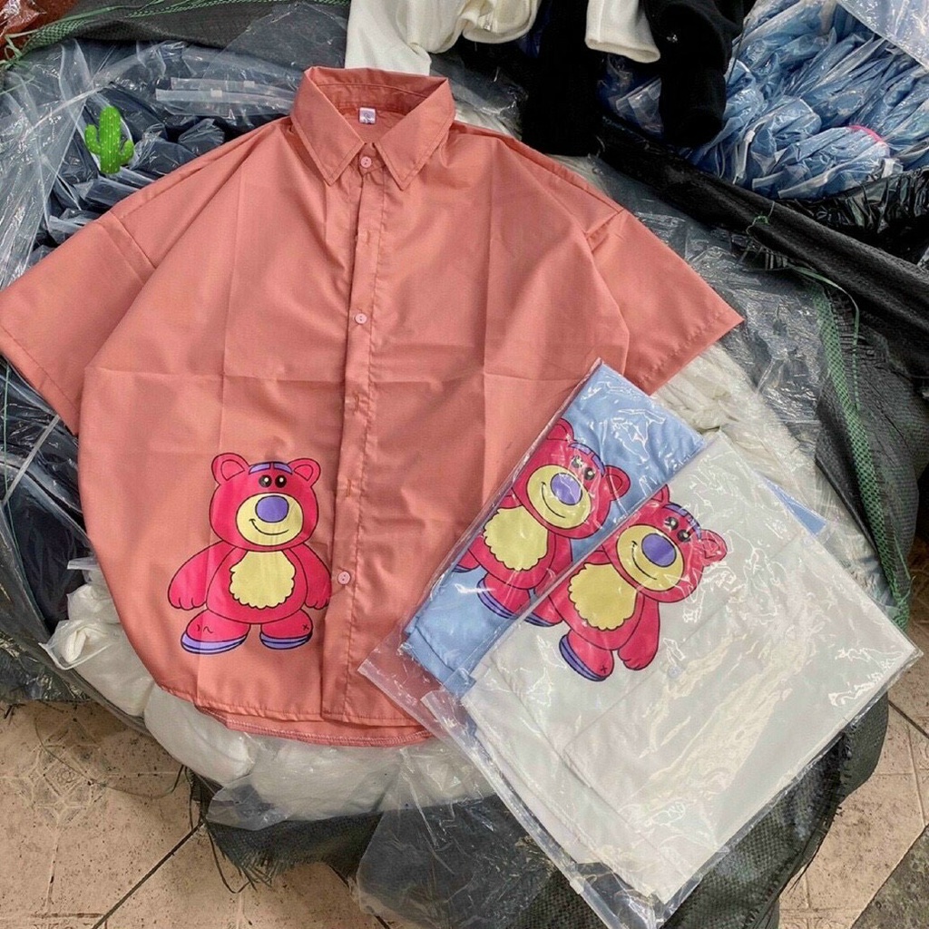 áo sơ mi tay ngắn in hình gấu xinh mềm mịn p