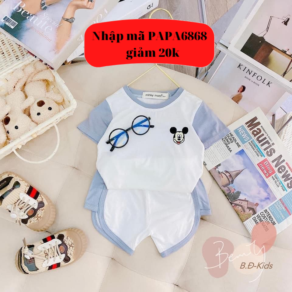 Bộ Cộc Tay Minky Mom Thun Lạnh  cho bé họa tiết THÊU Mic Ky xinh xắn cho bé trai bé gái 5-18kg