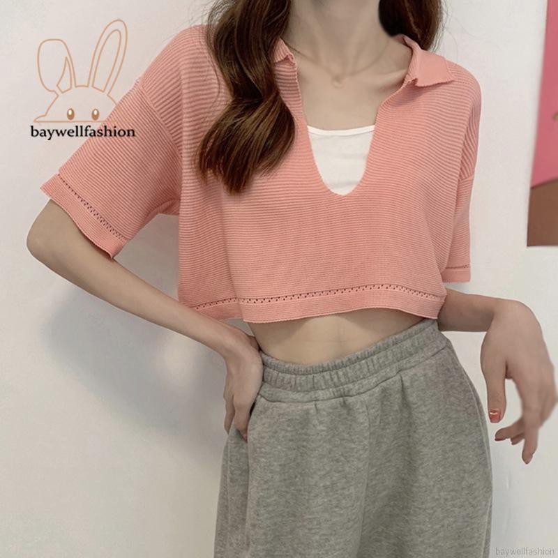 Áo Croptop Dệt Kim Tay Ngắn Thiết Kế Cổ Chữ V Quyến Rũ