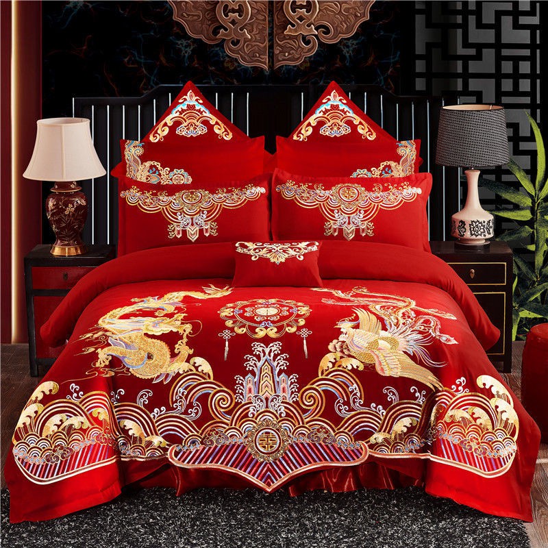 bán hàng trực tiếp tại nhà máyNgười nổi tiếng trên InternetBộ đồ cưới 4 mảnh, chăn thêu đỏ, khăn trải giường và