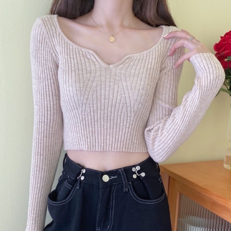 Áo len tăm nữ dài tay cổ tim cách điệu dáng croptop