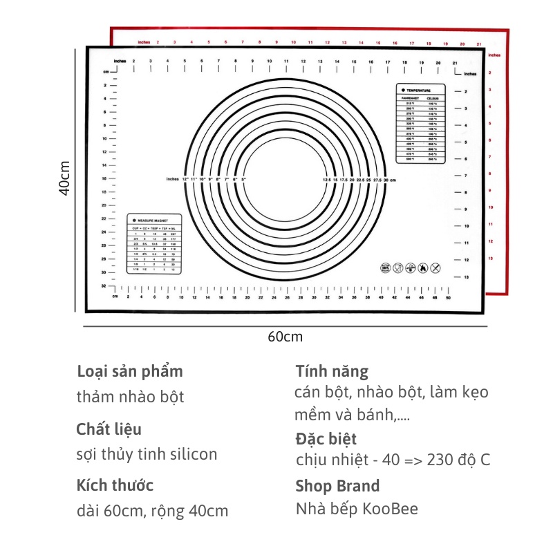 Thảm silicon nhào bột chống dính KOOBEE có vòng tròn và thang đo kích thước - Dụng cụ làm bánh tiện dụng cho nhà bếp