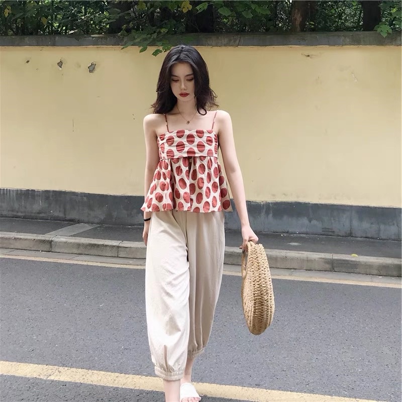 Set quần ống rộng kém áo hai dây hoạ tiết chấm bi dễ thương
