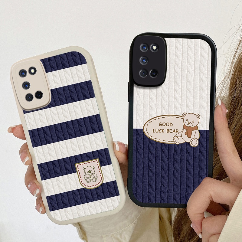 Stripe Casing OPPO Reno 7 Z 6 5 Pro 4G 5G A53 A33 A15 A15S A52 A72 A92 A7 A5S A12 A11K A9 A5 2020 F11 Reno7 Reno6 Reno5 Cartoon Good Luck Bear Lambskin Fine Hole Shockproof Soft Phone Case Cover KQ 25