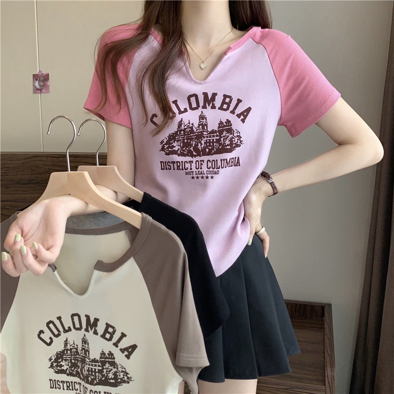[Plus Size] (40 - 100Kg) Áo Thun Ngắn Tay Cổ Chữ V Mỏng Và Ngắn Phong Cách Retro Mỹ Cá Tính Dành Cho Nữ