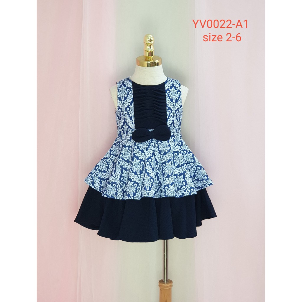 YV0022 - Váy dạ bé gái họa tiết đính nơ 2 lớp, màu xanh trắng phối than, size 2-6 tùy chiều cao và kg cho bé từ 10-20kg