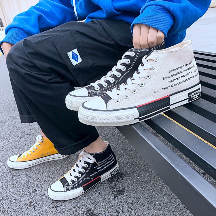 Giày sneaker thể thao nam nữ vải thô cổ cao trắng đen